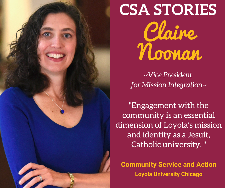 CSA Story Header for Claire Noonan; a headshot image on a maroon and gold background